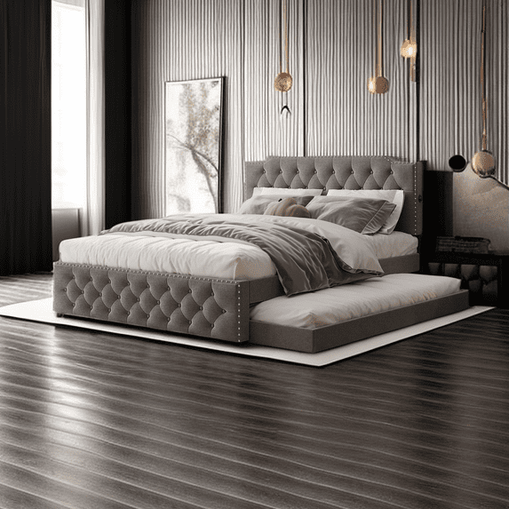 Queen Size Upholstered Platform Bed with Twin Size Trundle and 2 Sets of USB Ports on Each Side, Linen Fabric Platform Bed with Wood Slat Support for Bedroom