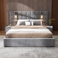 thumbnail image 1 of Queen Size Upholstered Platform Bed with Wide Headboard, Queen Bed Frame with Reading Lamp and USB Port, Easy Assembly, without Bedside Tables and Mattress, Grey, 1 of 6
