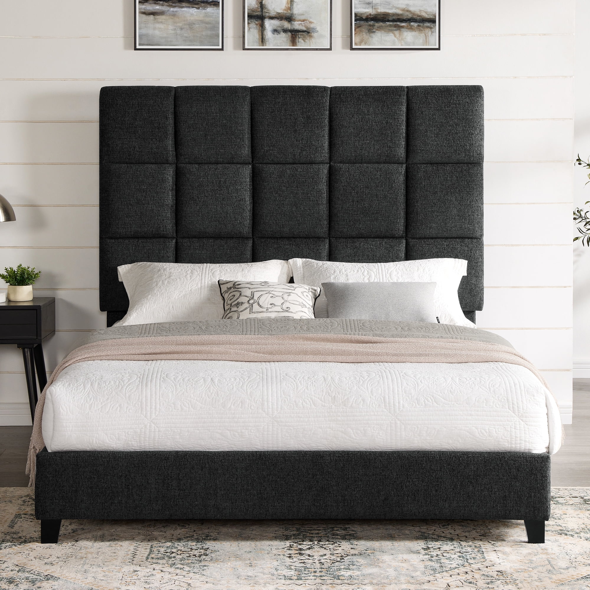 Queen Size Upholstered Platform Bed With Fabric And Foot Rail Bedroom ...