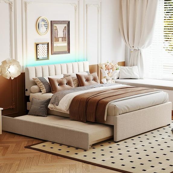 Queen Size Upholstered Platform Bed With Twin Xl Trundle - Beige Fleece For A Calming Bedroom Ambiance Serene Atmosphere