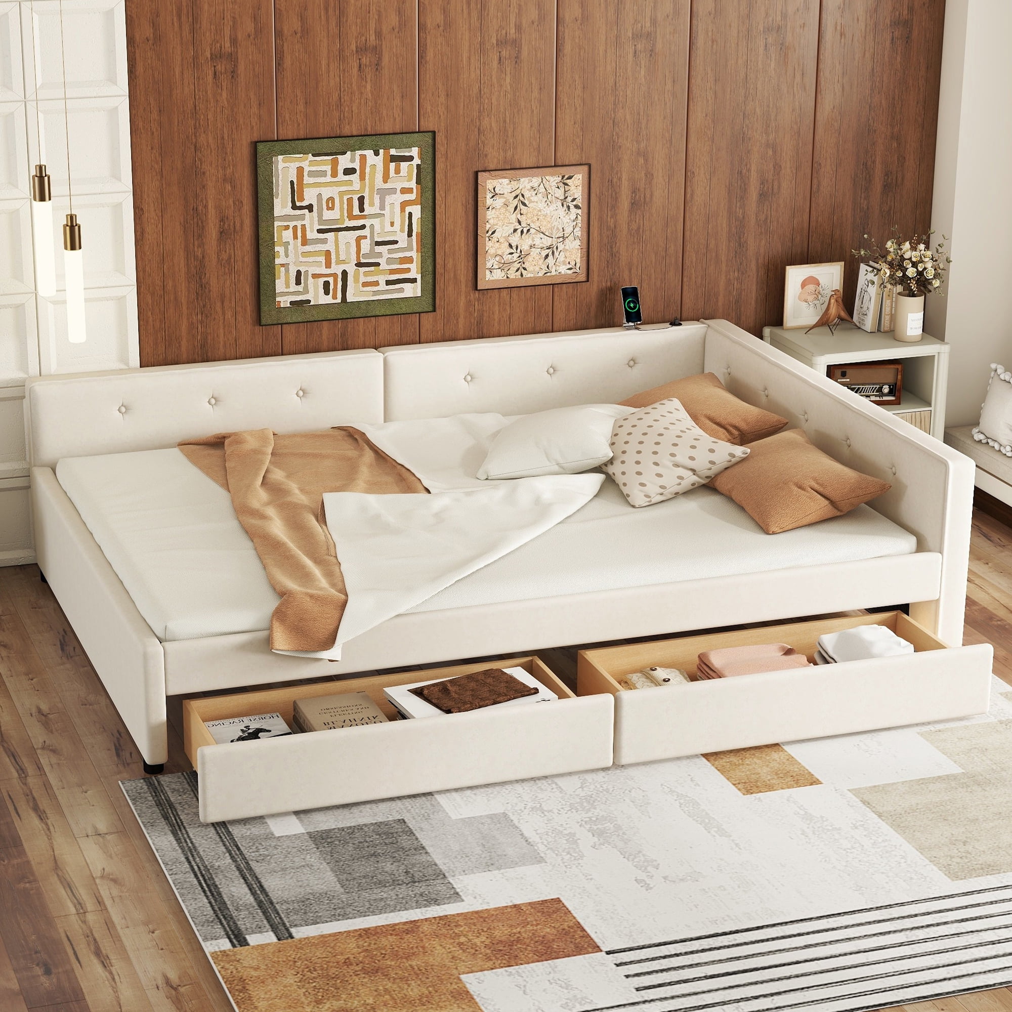 Queen Size Upholstered Platform Bed, Wood Bed Frame with Twin Size 2 Drawers and USB for Bedroom, Apartment, No Box Spring Needed, Beige