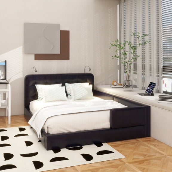 Queen Size Upholstered Platform Bed with 2 Reading Lights, Black