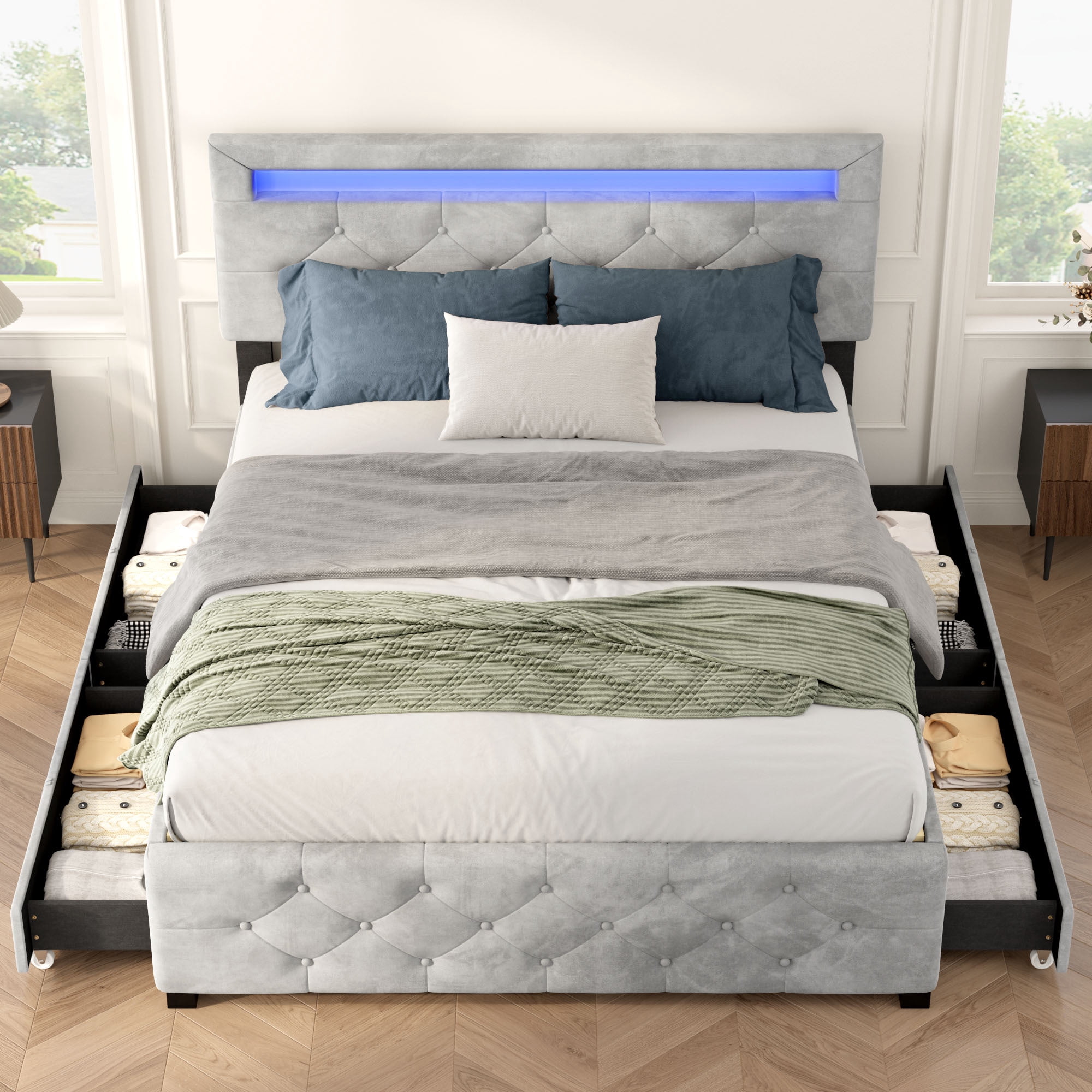 Queen Size Upholstered Platform Bed with 4 Drawers and LED Lights, No Box Spring Needed, Gray