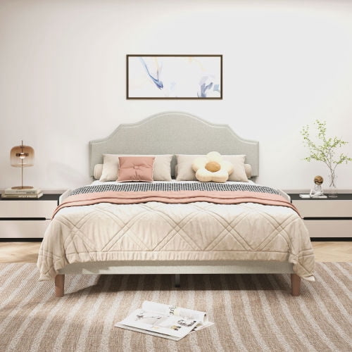 Queen Size Upholstered Platform Bed with Adjustable Headboard, Beige Linen Fabric, Modern Simple Style, No Box Spring Needed, Easy Assembly