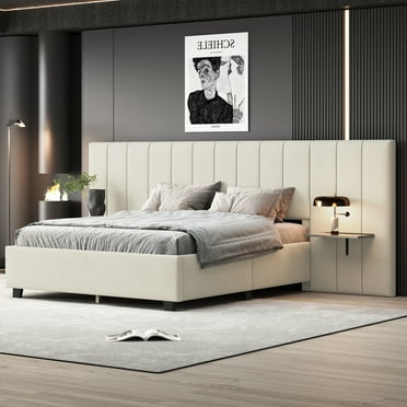 Queen Size Upholstered Platform Bed with Big Headboard& Two Side Support Platform, Queen Bed Frame for Bedroom, Velvet, Beige