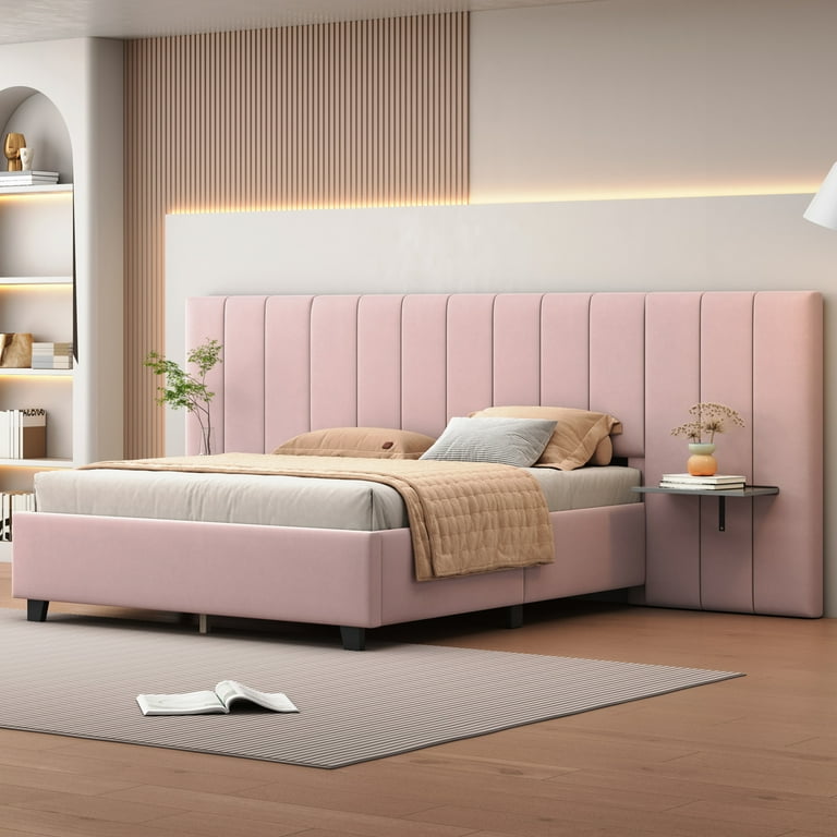 Queen Size Upholstered Platform Bed with Big Headboard Two Side Support Platform Queen Bed Frame for Bedroom Velvet Pink