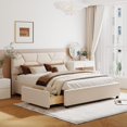thumbnail image 1 of Queen Size Upholstered Platform Bed with Brick Pattern Headboard and 4 Drawers, Linen Fabric, 1 of 6