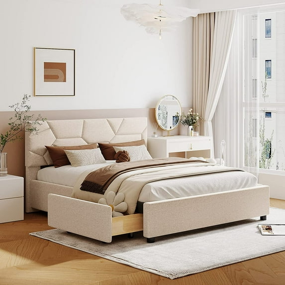 Queen Size Upholstered Platform Bed with Brick Pattern Headboard and 4 Drawers, Linen Fabric