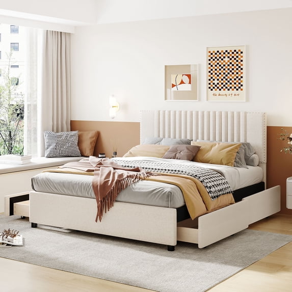 Queen Size Upholstered Platform Bed with Classic Headboard and 4 Drawers, Linen Fabric, Beige 17AAA