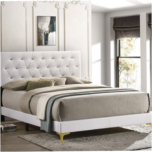 Queen Size Upholstered Platform Bed with Diamond Tufted Headboard and Gold Metal Legs, No Box Spring Needed, Modern White Leatherette Bed Frame