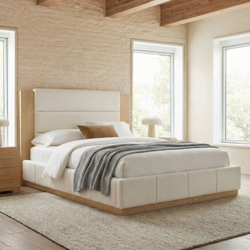 Queen Size Upholstered Platform Bed with Extended Wood Headboard, Modern Velvet Bed Frame with Wood Base for Bedroom, No Box Spring Needed, White