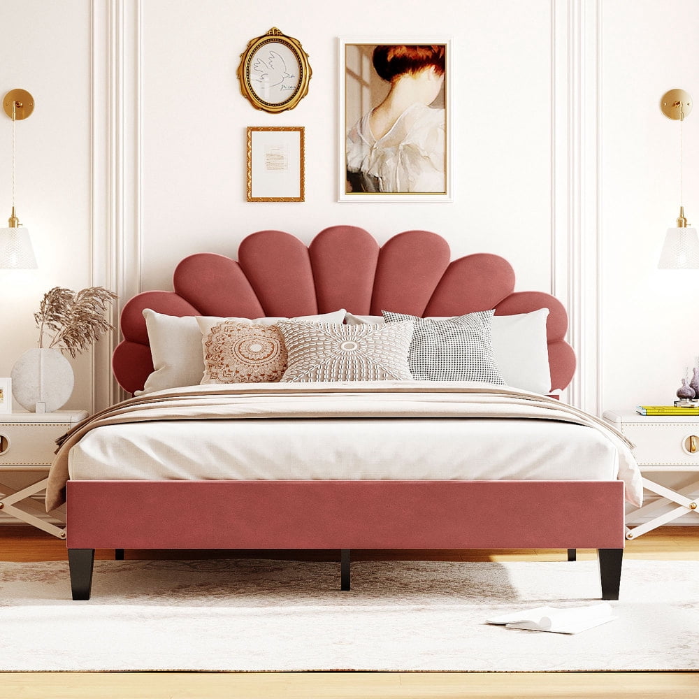 Queen Size Upholstered Platform Bed with Flower Headboard,Velvet Bed Frame for Kids Boys Girls,Bean Paste Red