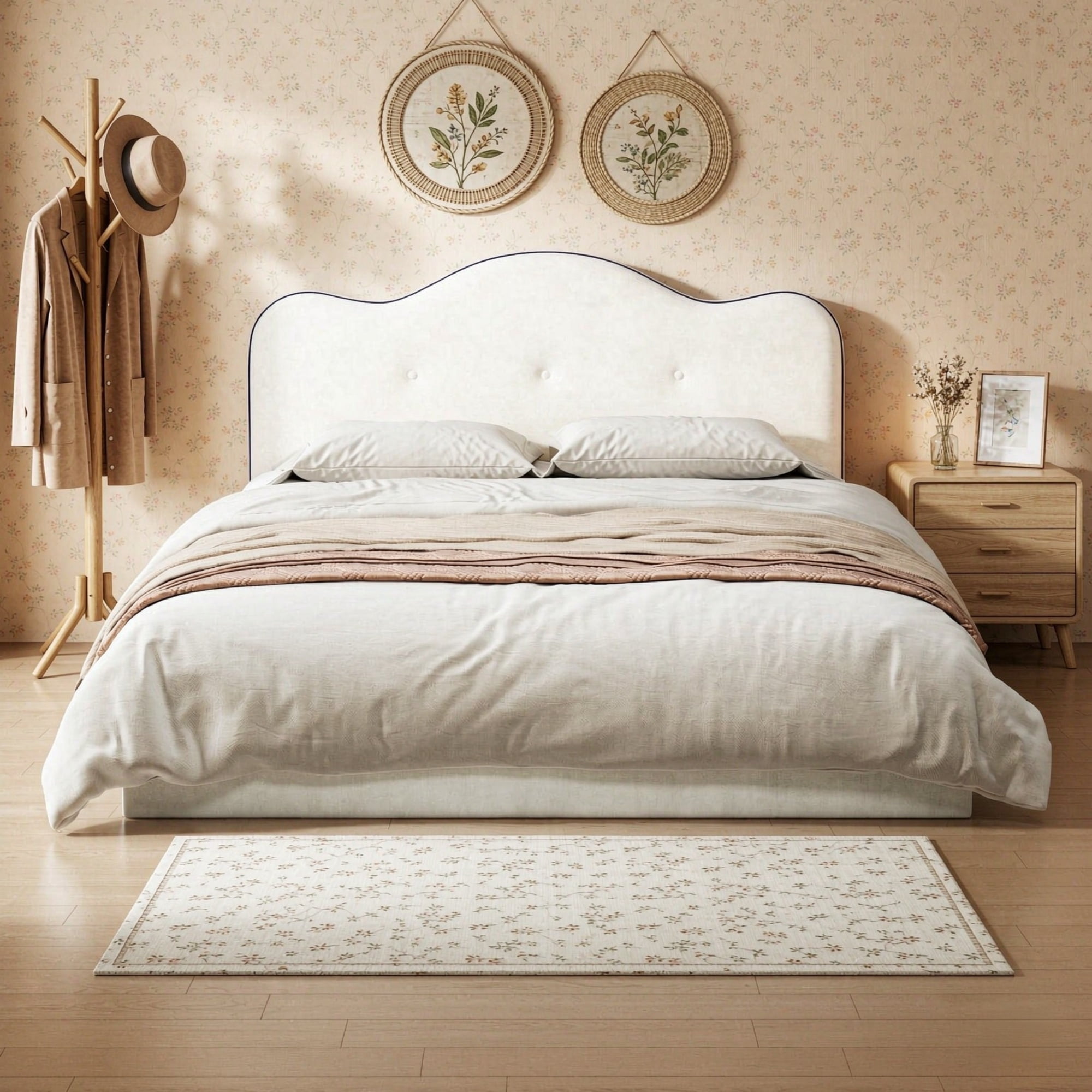 Queen Size Upholstered Platform Bed with Hidden Support Legs, Velvet Low-Profile Floor Bed Frame with Curved & Tufted Headboard
