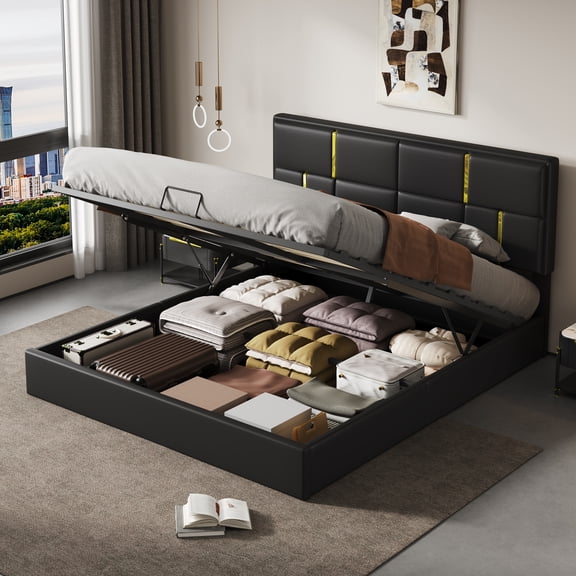 Queen Size Upholstered Platform Bed with Hydraulic Storage System, Black, No Box Spring Needed
