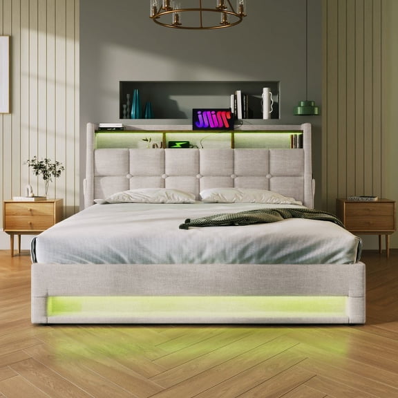 Queen Size Upholstered Platform Bed with Hydraulic Storage System, LED Lighting and Charging Station for Bedroom, Natural