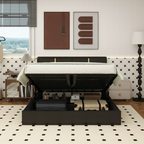 Queen Size Upholstered Platform Bed with Hydraulic Storage System,No Box Spring Needed,Black