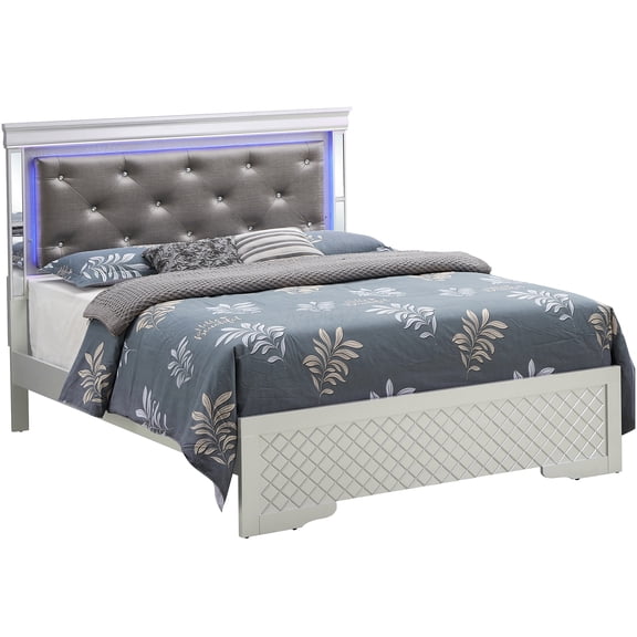 Queen Size Upholstered Platform Bed with LED Headboard, Tufted Fabric Frame with Chrome Metal Legs for Modern Bedroom
