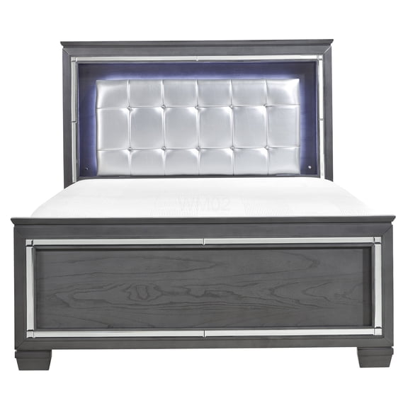 Queen Size Upholstered Platform Bed with LED Headboard and Mirror Accents, Gray Faux Leather Modern Bed Frame for Glam Bedroom