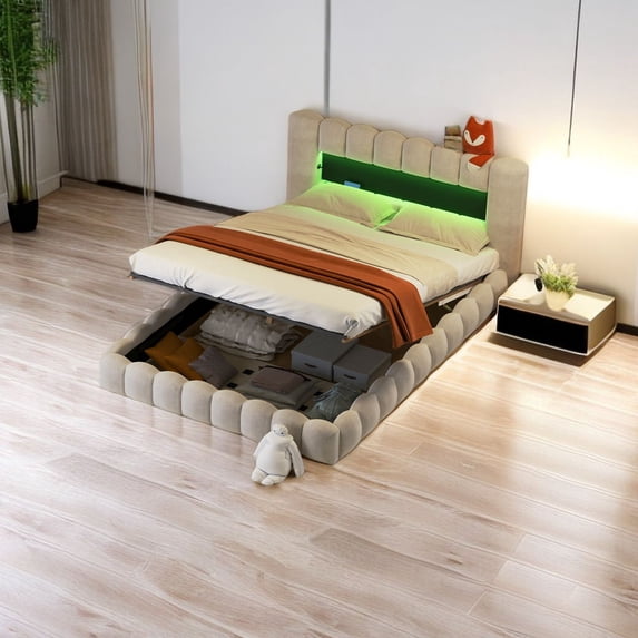Queen Size Upholstered Platform Bed with LED Headboard and USB