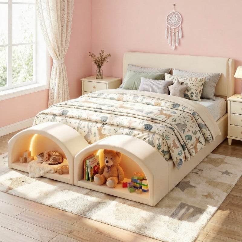 Queen Size Upholstered Platform Bed with LED Lights, Velvet Kids/Teens/Adults Low-Profile Bed Frame with Pet Nests at Footboard