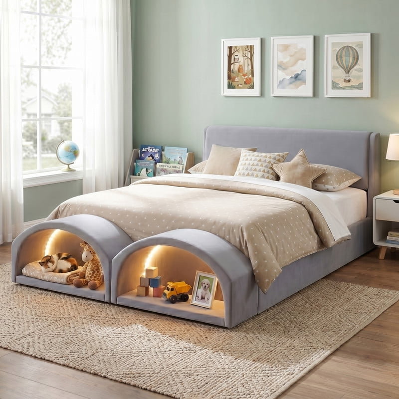 Queen Size Upholstered Platform Bed with LED Lights, Velvet Kids/Teens/Adults Low-Profile Bed Frame with Pet Nests at Footboard