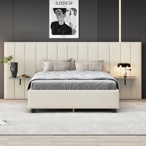 Queen Size Upholstered Platform Bed with Oversized Headboard and Side Shelves, Modern Velvet Bed Frame for Master Bedroom, Beige