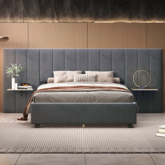 Queen Size Upholstered Platform Bed with Oversized Headboard and Side Shelves, Modern Velvet Bed Frame for Master Bedroom, Gray