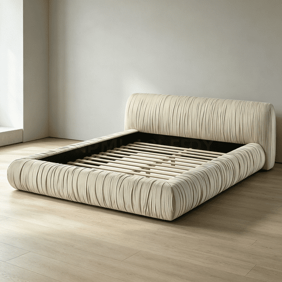 Queen Size Upholstered Platform Bed with Pleated Chenille Fabric, Modern Low Profile Bed Frame, Ivory Contemporary Bedroom Furniture