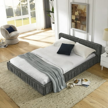 Queen Size Upholstered Platform Bed with Pleated Design, Floor Platform Bed Frame with Chenille Headboard and Solid Frame, No Box Spring Needed, Grey