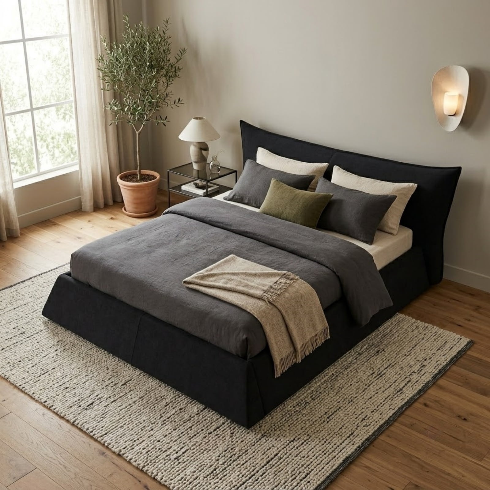 Queen Size Upholstered Platform Bed with Special Shaped Velvet Headboard, Modern Low Profile Bed with Solid Wood Frame and Slats Support for Bedroom