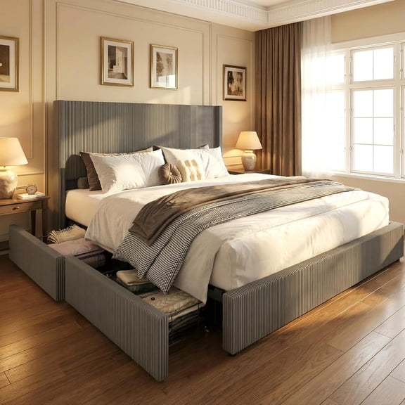 Queen Size Upholstered Platform Bed with Storage Drawers - Grey Corduroy Wingback Design with Tufted Headboard & Footboard, No Box Spring Needed