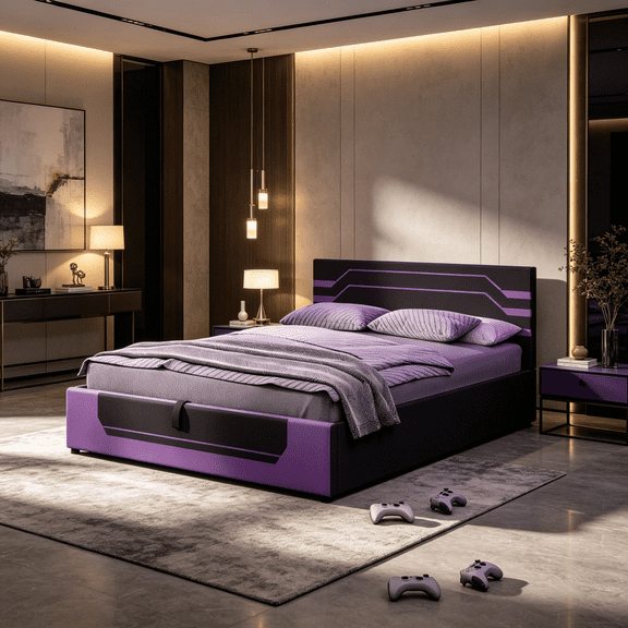 Queen Size Upholstered Platform Bed with Storage, Hydraulic Lift Gaming Bed Frame for Modern Bedroom, Black and Purple Space Saving Bed