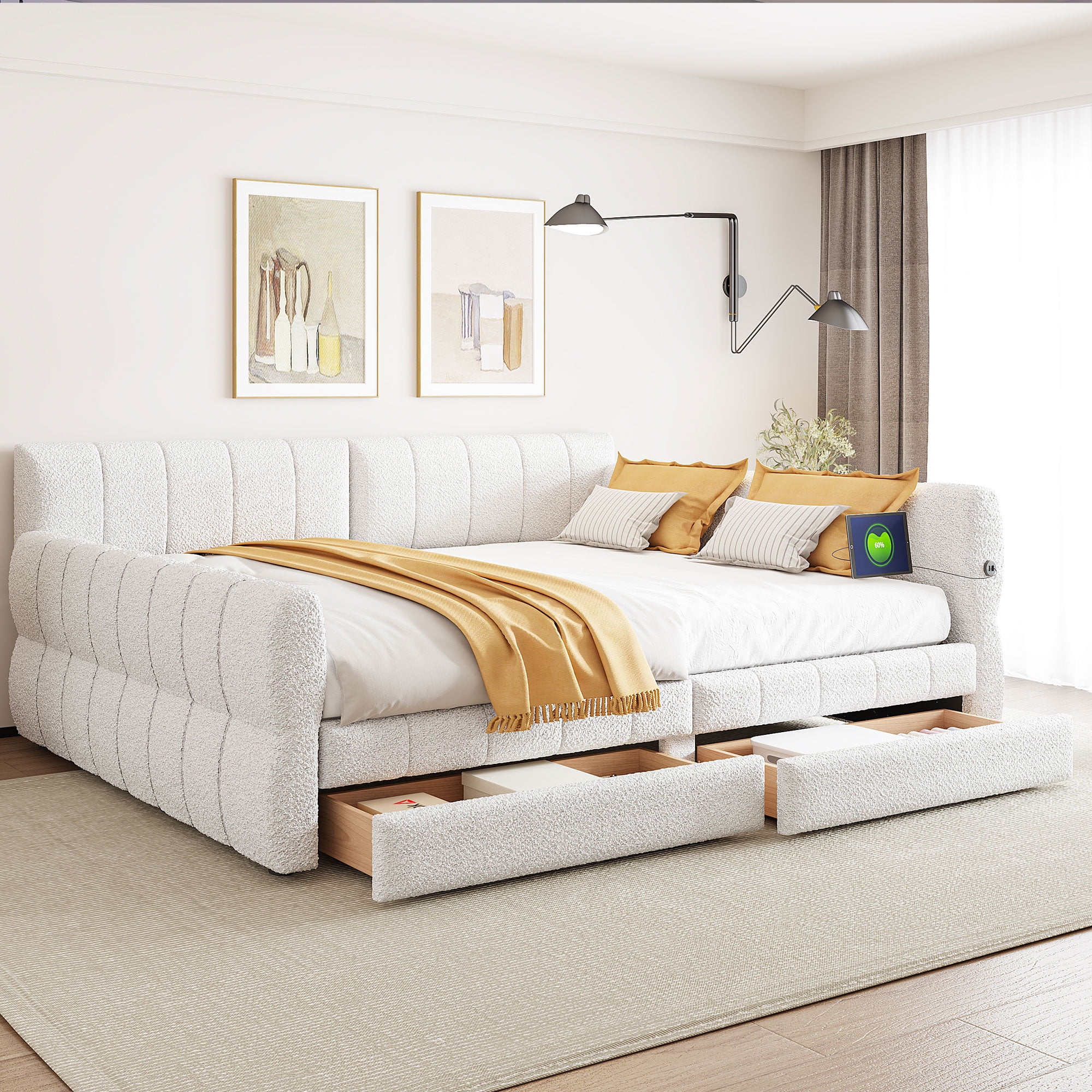 Queen Size Upholstered Platform Bed with USB and 2 Drawers Storage