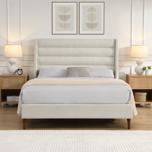 Queen Size Upholstered Platform Bed with Wave-Shaped Headboard, Premium Chenille Fabric, Ivory, No Box Spring