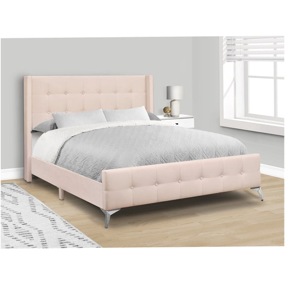 Queen Size Upholstered Platform Bed with Wingback Headboard, Pink Velvet Fabric, Chrome Metal Legs, Modern Bed Frame