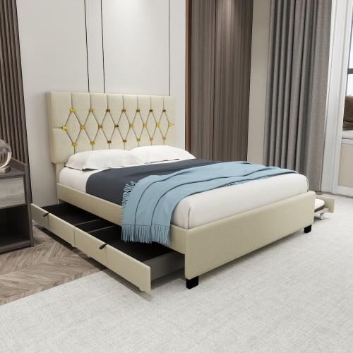 Queen Size Upholstered Storage Bed with Trundle, Modern Velvet Platform Bed with 2 Drawers and Pull Out Sleeper, No Box Spring Required, Beige