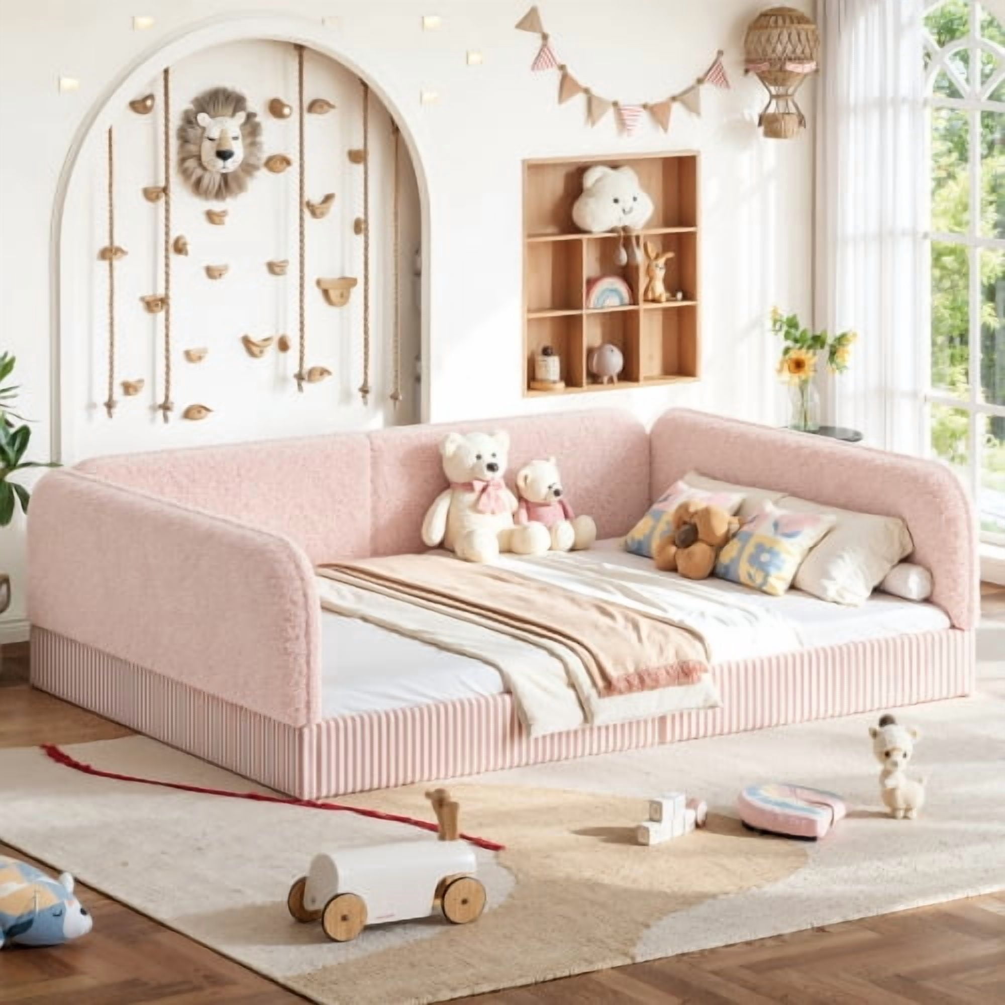 Queen Size Upholstered Teddy Fleece Floor Bed Frame, Half-Enclosed Montessori Low Profile Platform Bed with Full-Perimeter Guardrails for Kids, Pink