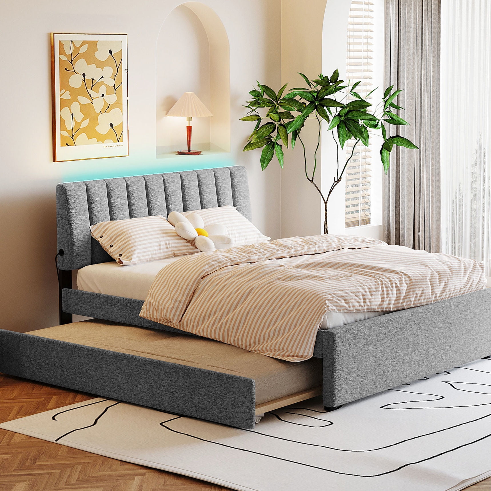 Queen Size Upholstered Trundle Bed Provide Extra Sleeping Space — free download