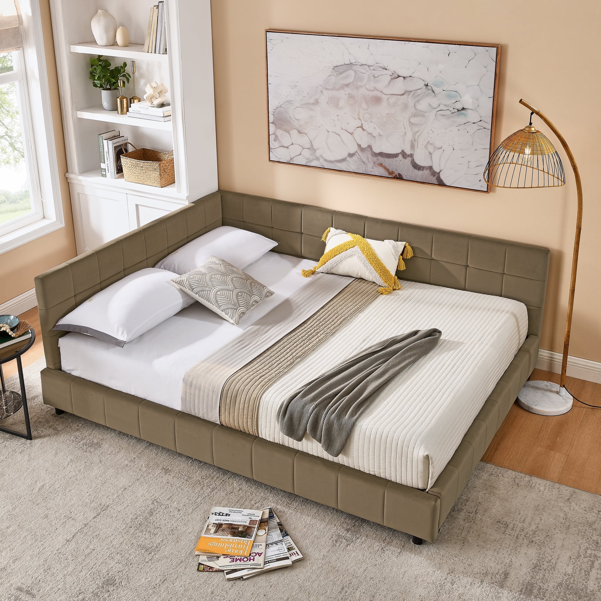 [Luckynote]Queen Size Upholstered Tufted Bed Frame, Sofa Bed Frame with Comfortable Backrest and Armrests, Queen Size Bed for Bedroom, Living Room,Velvet, brown