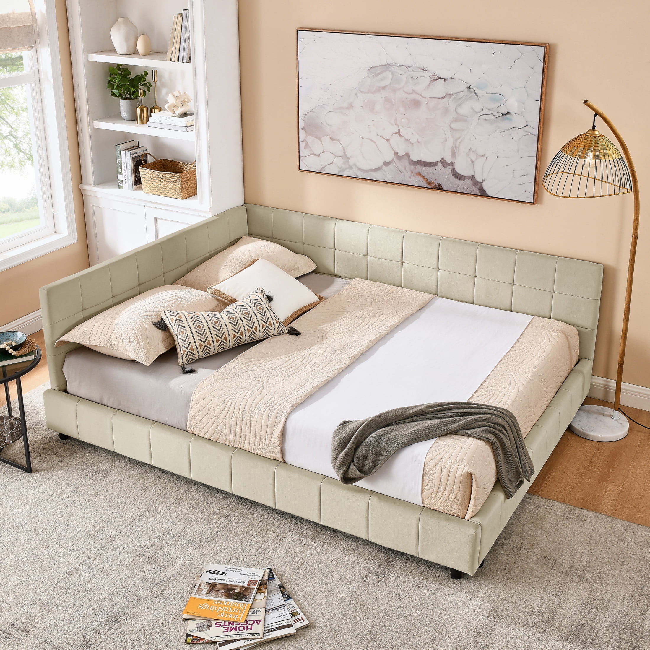 Queen Size Upholstered Tufted Storage Bed Frame with Backrest & Armrests, Velvet, Bedroom & Living Room, Beige