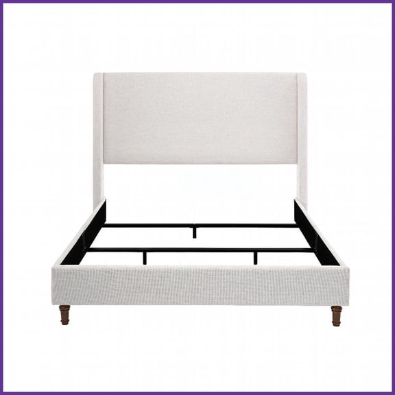 Queen Size Upholstered Wingback Bed - 54" Headboard, Textured Ivory Canvas, Metal Frame, Box Spring Required for Master Bedroom
