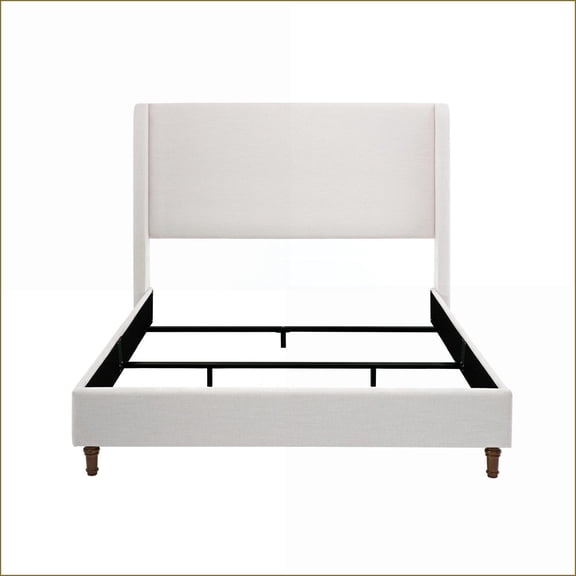 Queen Size Upholstered Wingback Bed Frame - 54 Tall Headboard Textured Ivory Canvas Metal Frame for Bedroom