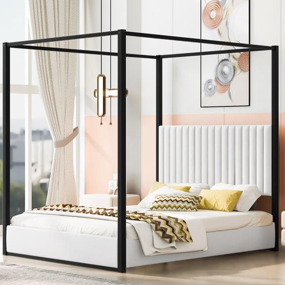 Queen Size Upholstery Canopy Platform Bed, 4-Post Canopy Bed Frame with Headboard and Metal Frame for Teens Adults, White