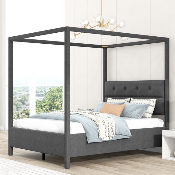 Queen Size Upholstery Canopy Platform Bed with Four Support Legs, Gray