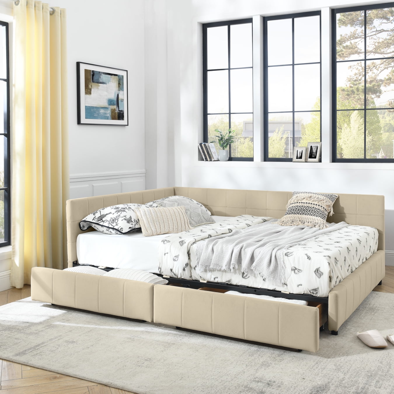 Queen Size Upholstery Daybed with 2 Drawers and Headboard, Mid-Century ...
