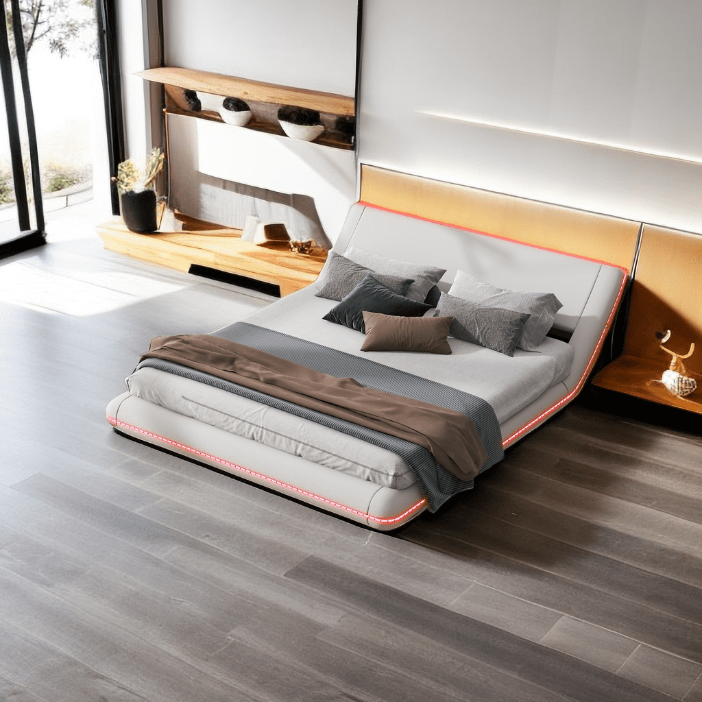Queen Size Upholstery Platform Bed Frame with Sloped Headboard ...