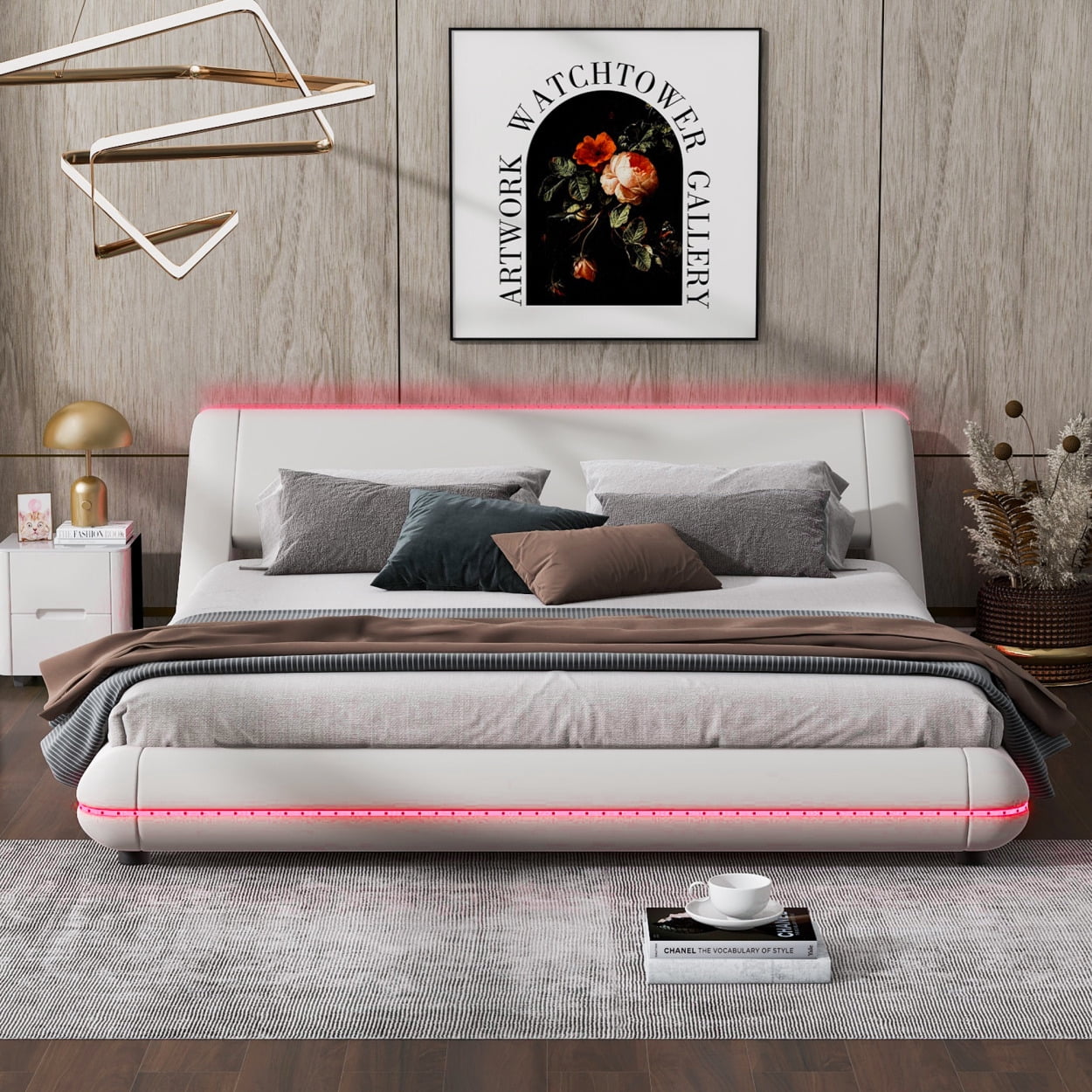 Queen Size Upholstery Platform Bed with Sloped Headboard, Wave-Like ...