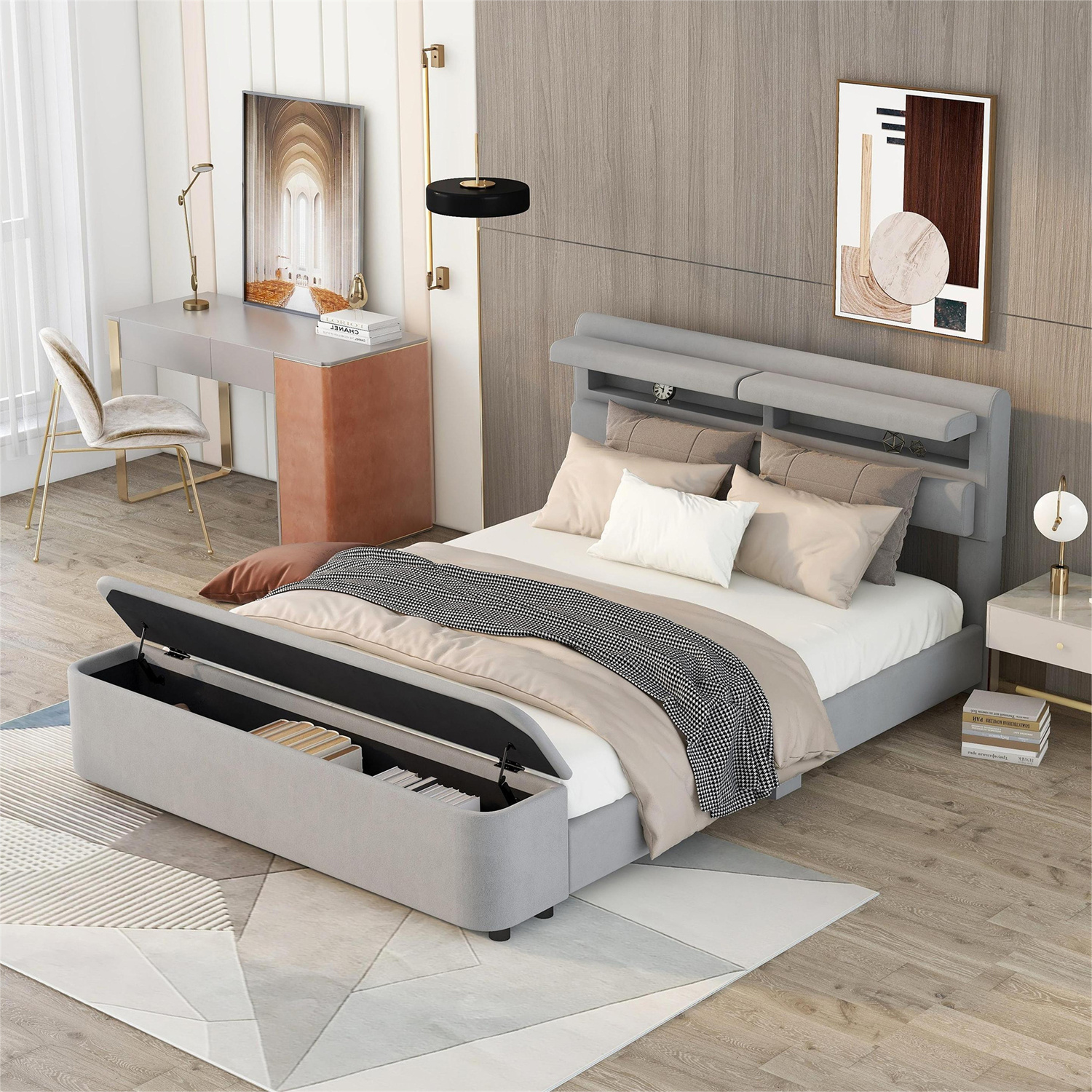 Queen Size Upholstery Platform Bed with with Storage Headboard and ...