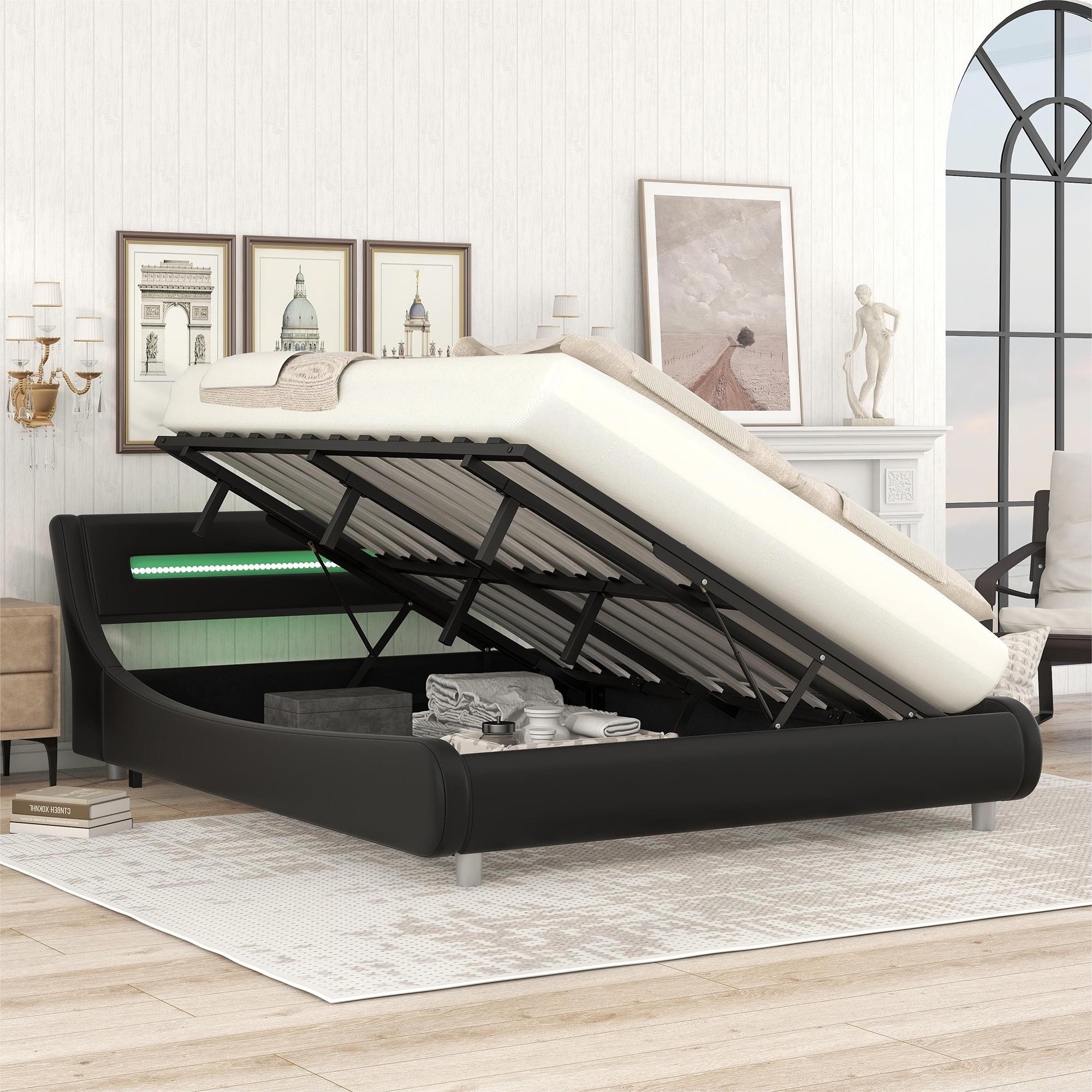 Queen Size Upholstery Platform Bed with Lift up Storage and LED