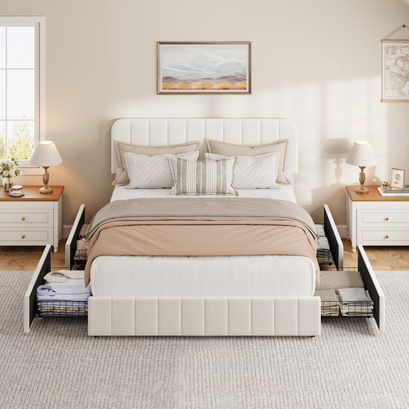 Queen Size Velvet Bed Frame with 4 Storage Drawers, Upholstered Platform Bed with Vertical Channel Tufted Adjustable Headboard, No Box Spring Needed, Easy Assembly, Beige